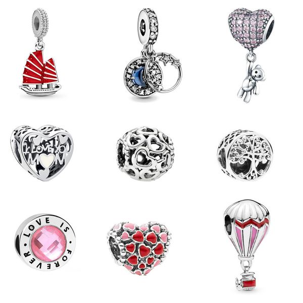 s925 sterling silver red sailing air balloon pendant beads charm adapting original pandora charms bracelets diy jewelry for women, Bronze;silver